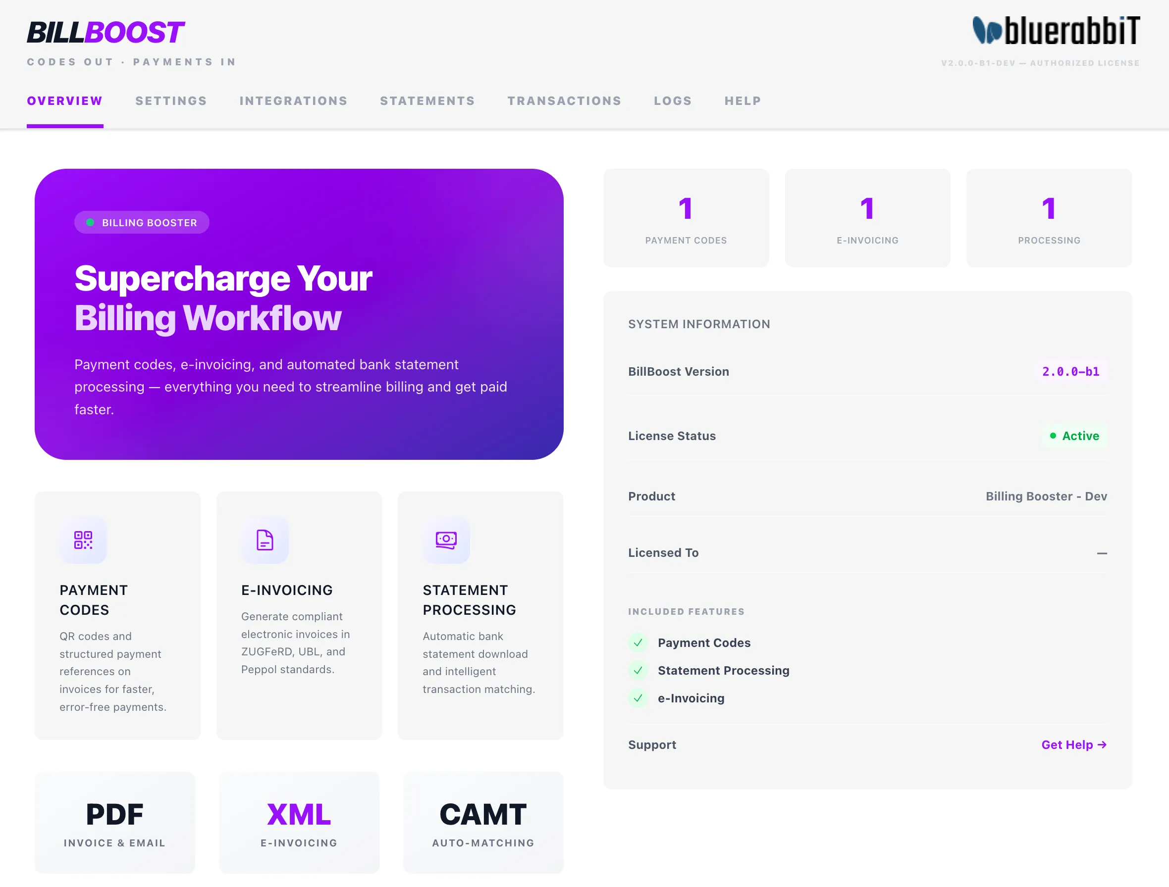The Billing Booster dashboard
