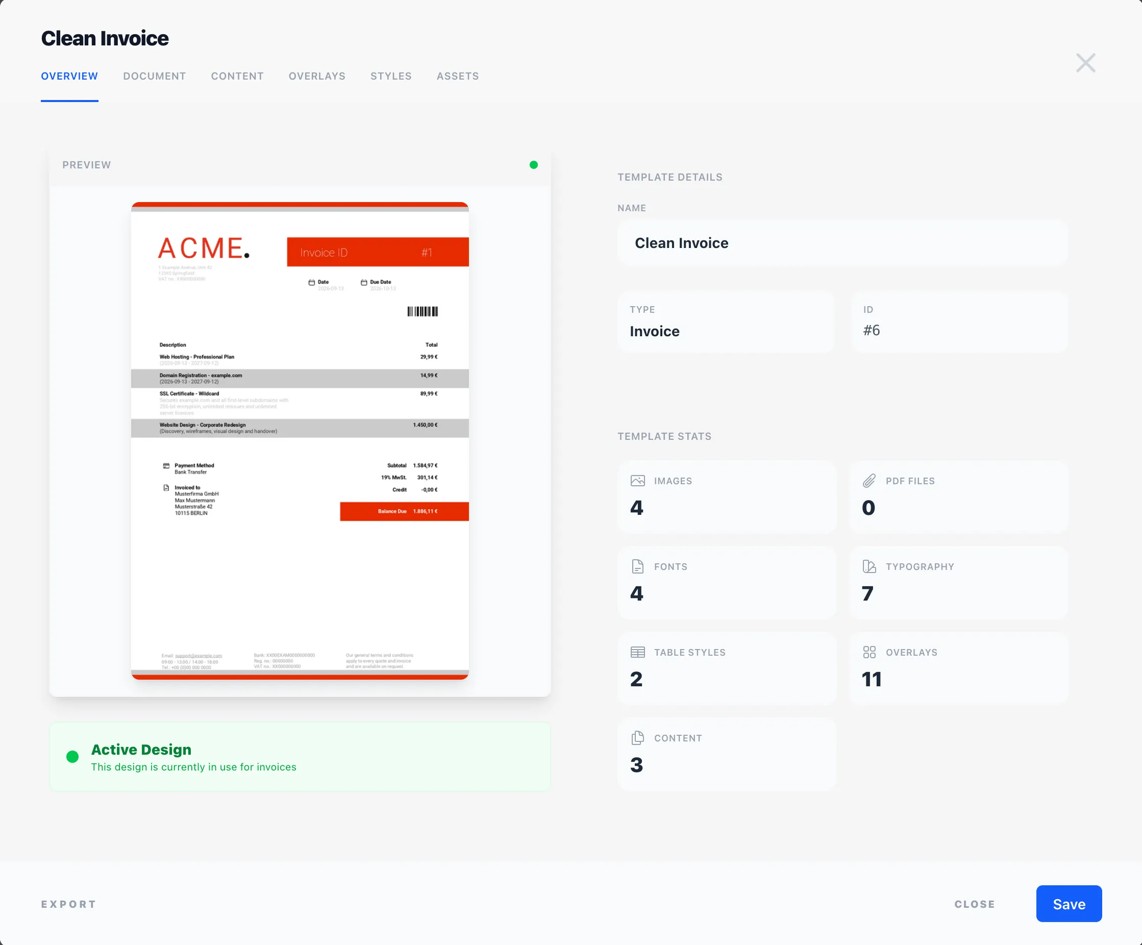 The design editor, with live preview