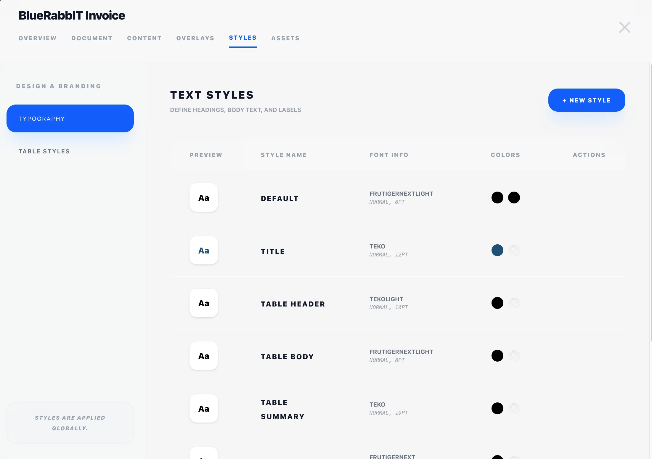 Reusable colours, typography and table styles
