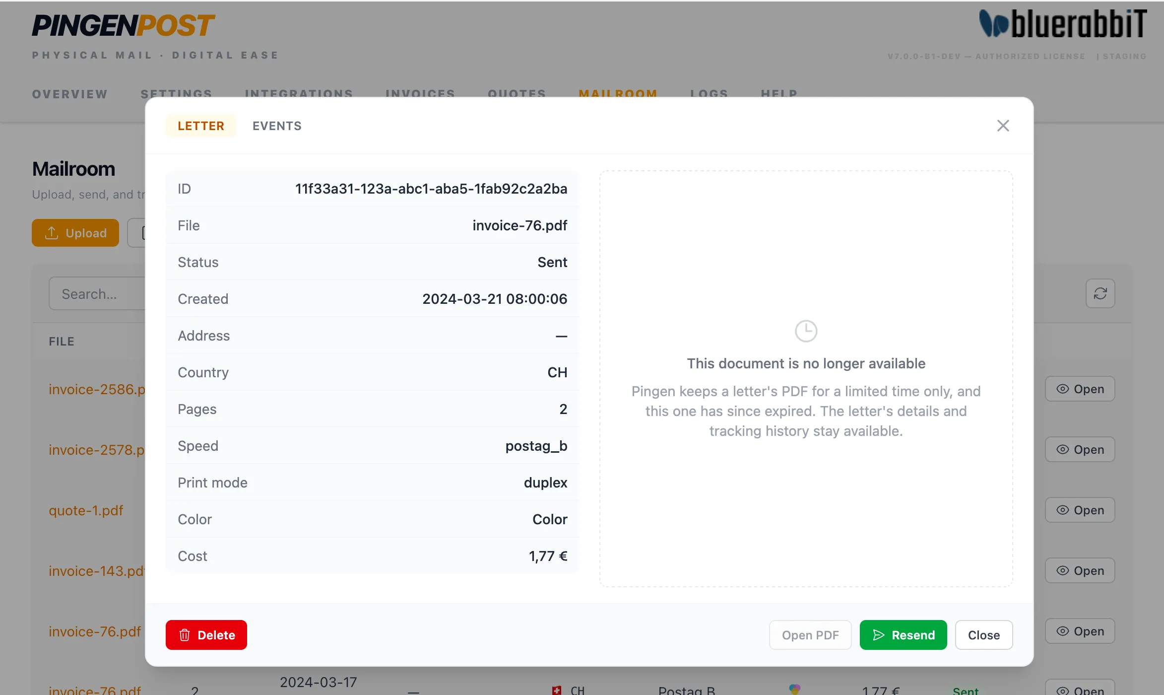 Letter details with per-step tracking events