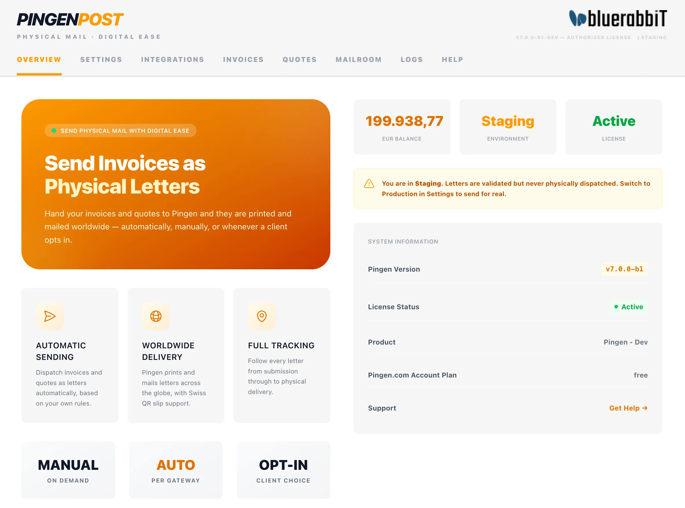 The Pingen Post dashboard