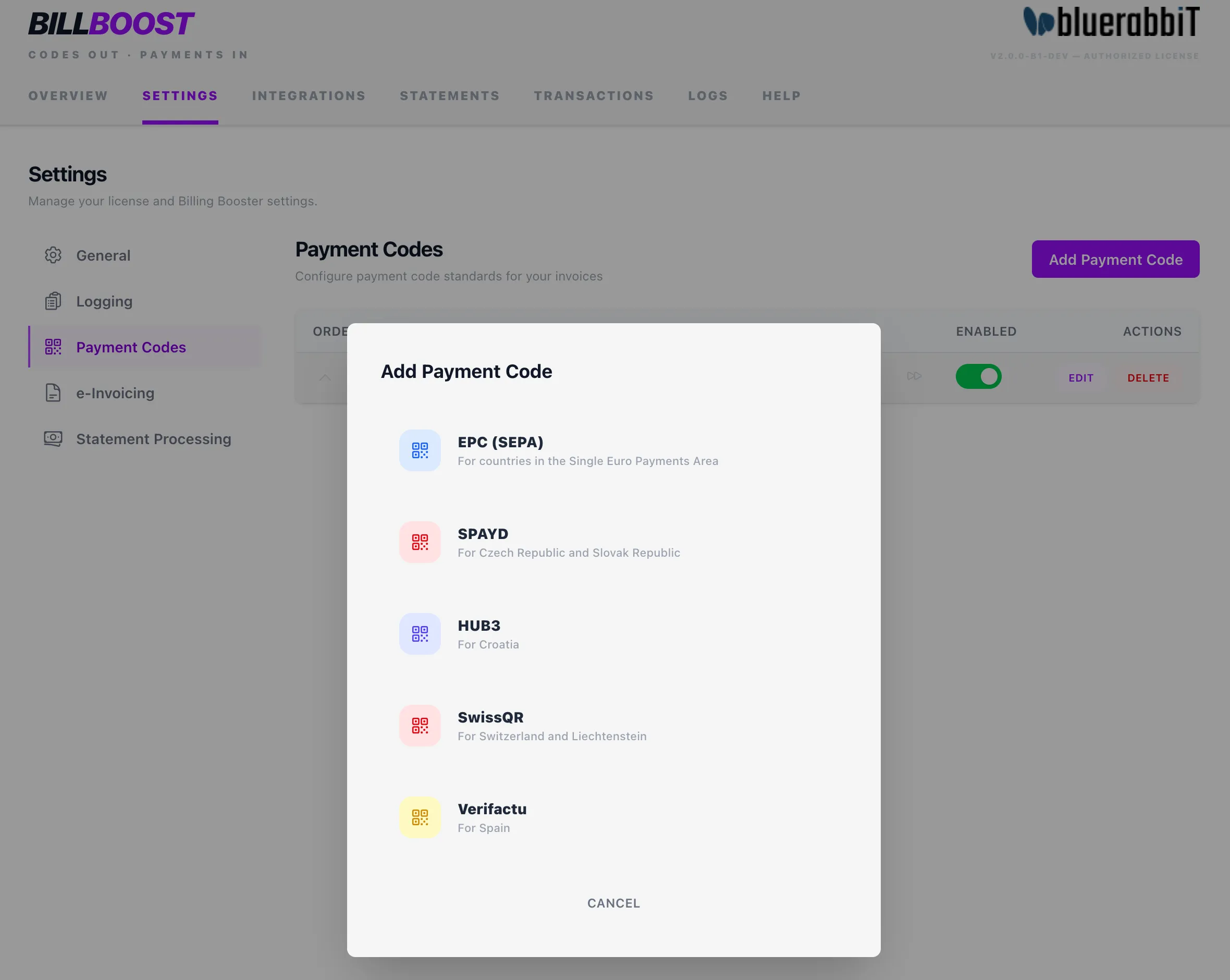 Payment code configurations