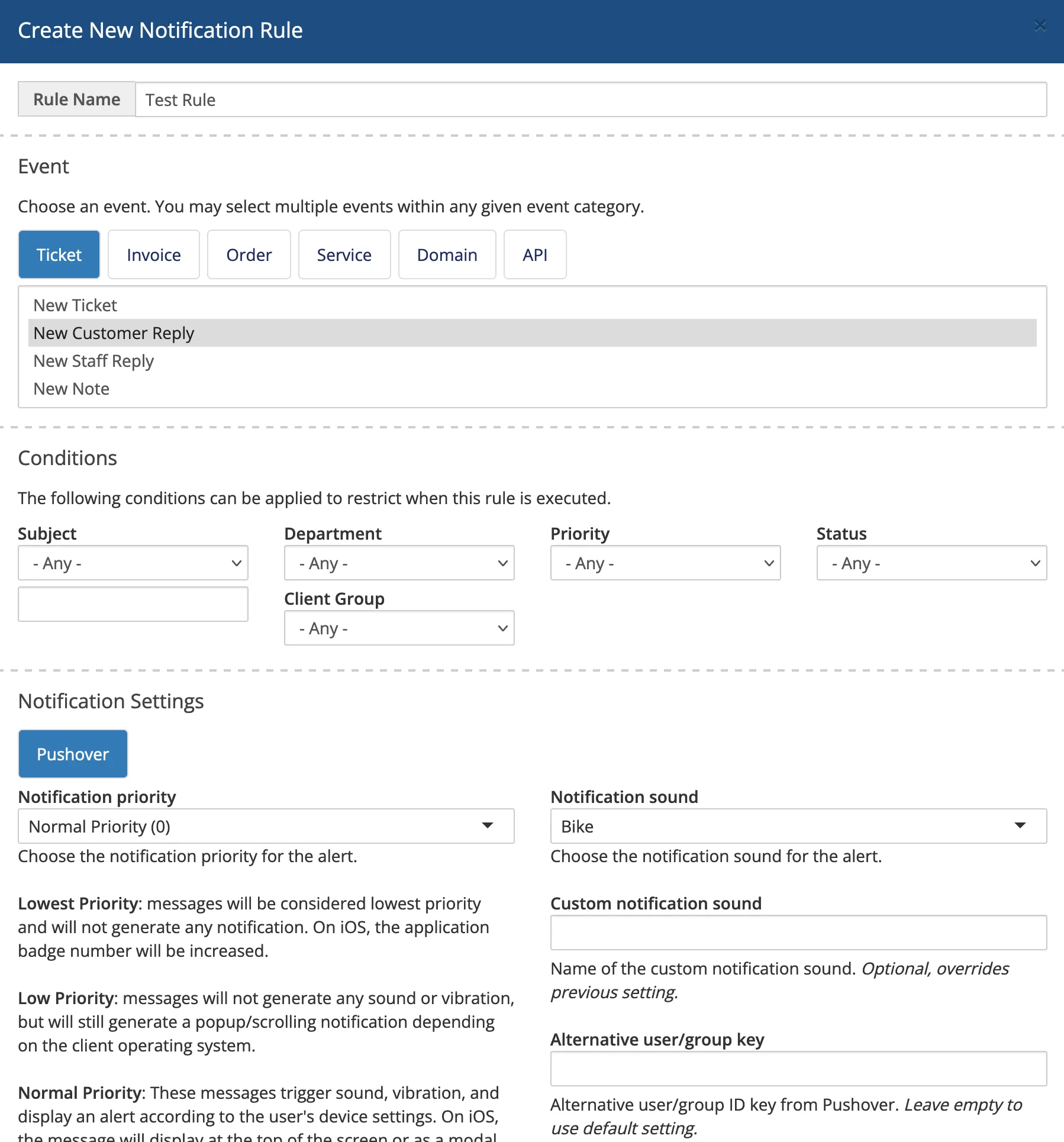 Notification rule setup