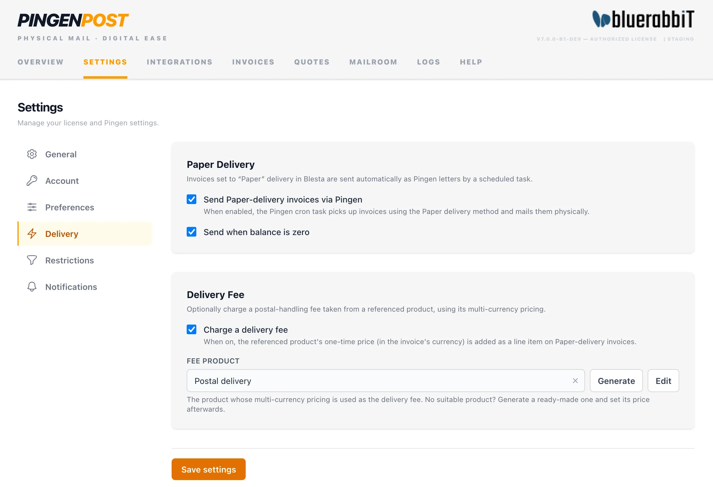 Delivery rules and postage settings