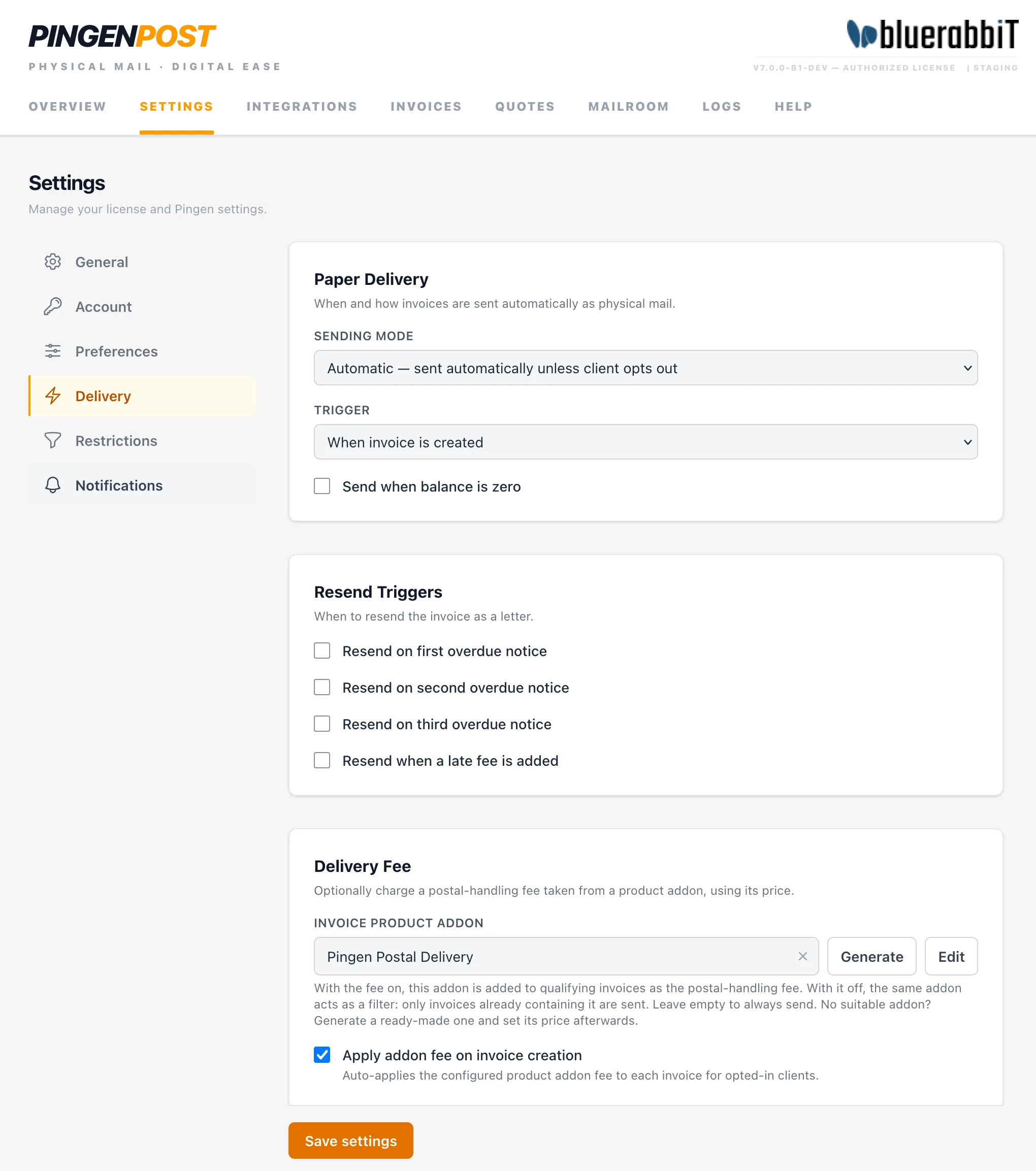 Delivery rules and postage settings