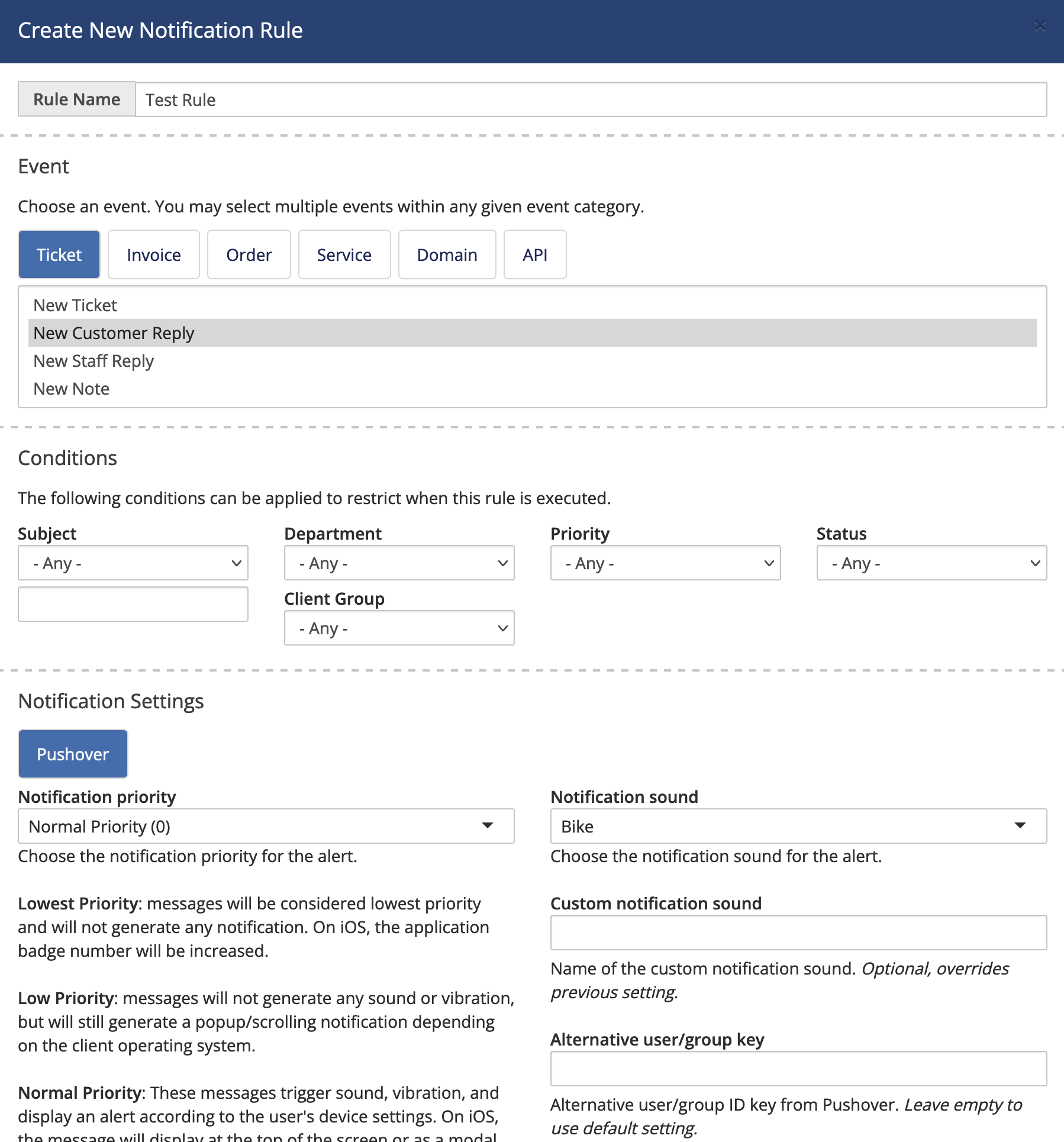 Notification rule setup
